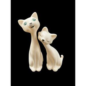 2 Vintage Porcelain Long Neck Hand Painted White Kitty Cats Figurine Japan EUC
